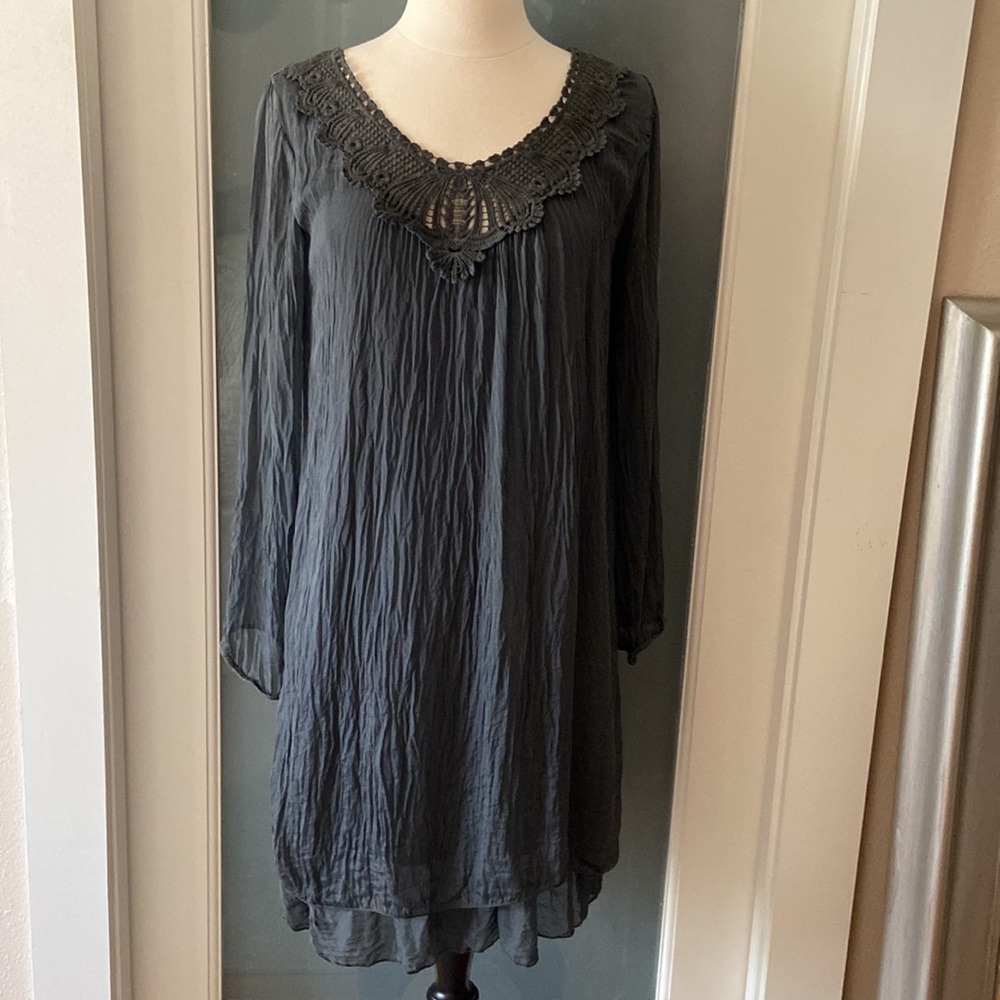Gorgeous Silk Charcoal Gray Lined Ruffled Dress with Embroidered Collar Size S